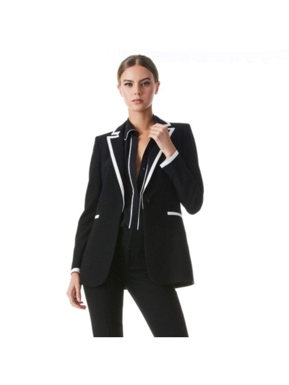 Alice + Olivia Breann Long Fitted Blazer with Piping, Black Size 4, New w/Tag - Picture 7 of 16